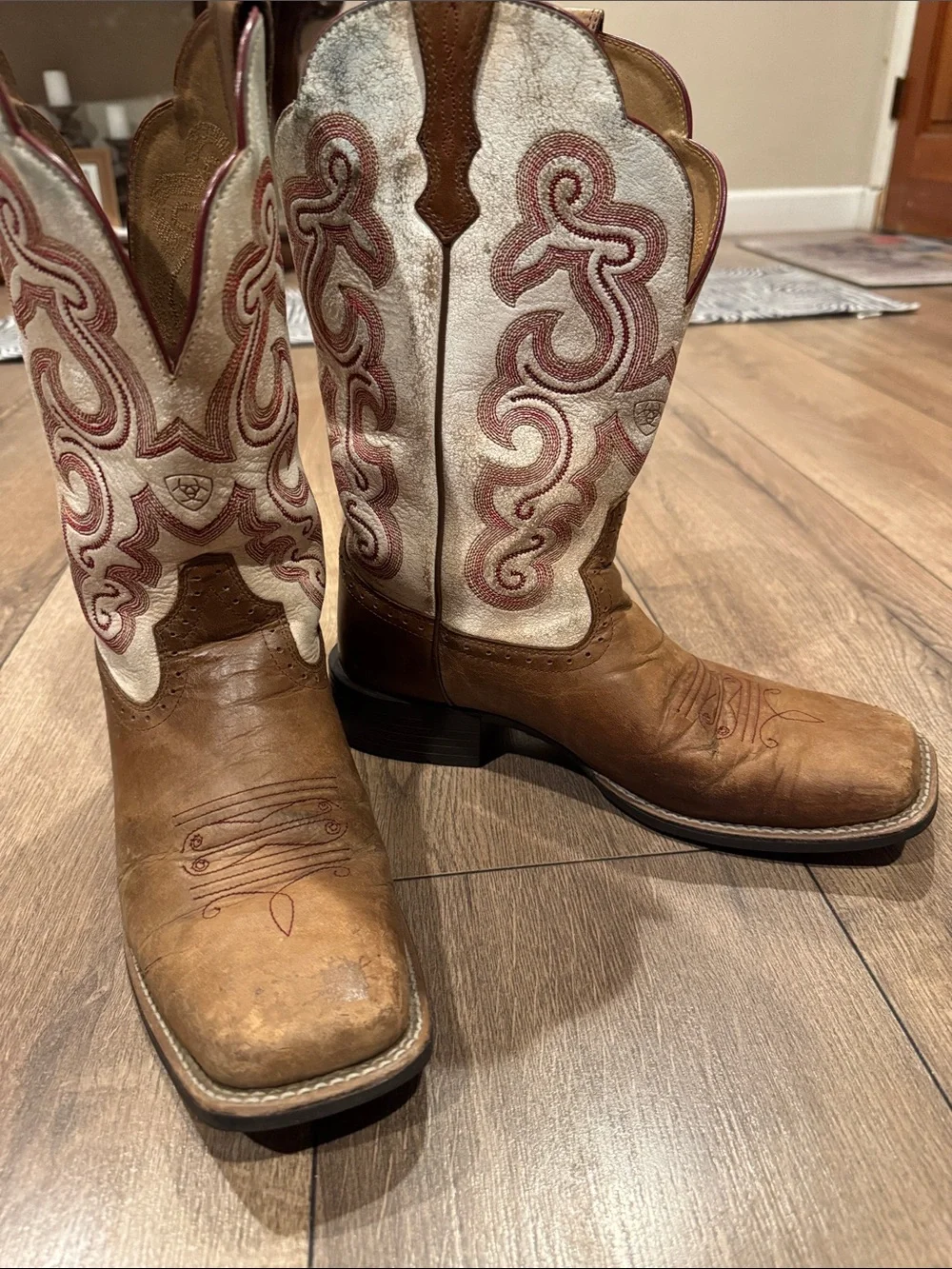Ariat Women’s Brown Leather Cowboy Boots with White & Red Embroidered Shaft